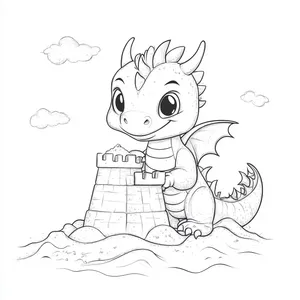 Coloring pages with dragon building a sandcastle.