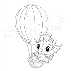 Coloring pages with dragon flying a hot air balloon.