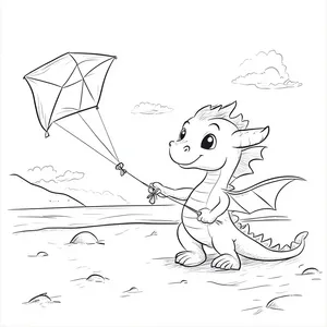 Coloring pages with dragon flying a kite at the beach.