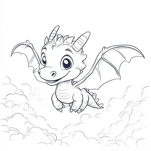 Coloring pages with dragon flying in the sky.