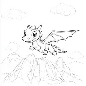 Coloring pages with dragon flying over a mountain.