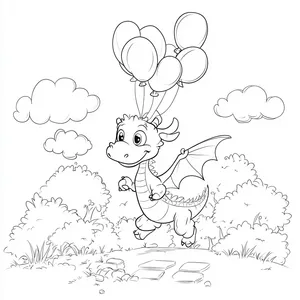 Coloring pages with dragon flying with balloons in a park.