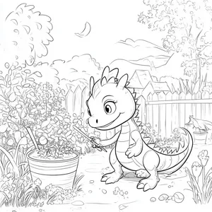 Coloring pages with dragon gardening in the backyard.