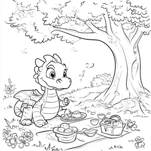 Coloring pages with dragon having a picnic under a tree.