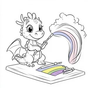 Coloring pages with dragon painting a rainbow.