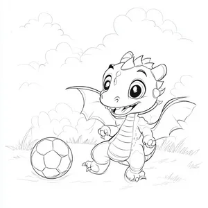 Coloring pages with dragon playing soccer on a field.