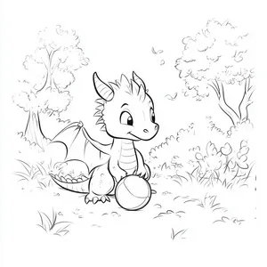 Coloring pages with dragon playing with a ball in the park.