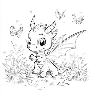 Coloring pages with dragon playing with butterflies in a meadow.