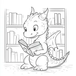 Coloring pages with dragon reading a book in a library.