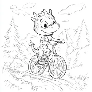 Coloring pages with dragon riding a bicycle on a trail.