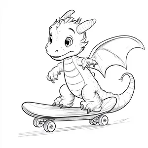 Coloring pages with dragon riding a skateboard at a skate park.