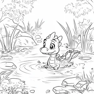 Coloring pages with dragon swimming in a pond.