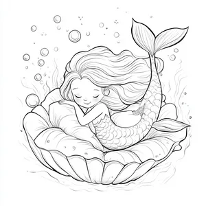 Coloring pages with mermaid resting in a seashell bed