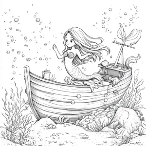 Coloring pages with mermaid exploring a sunken ship