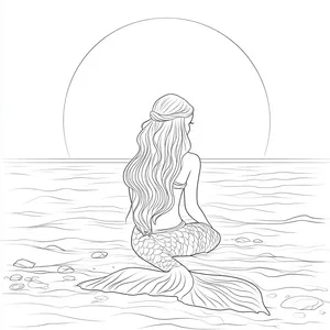 Coloring pages with mermaid sitting on a beach