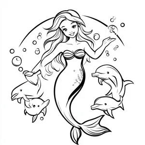 Coloring pages with mermaid playing with dolphins