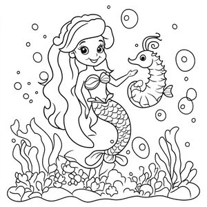 Coloring pages with mermaid riding a seahorse