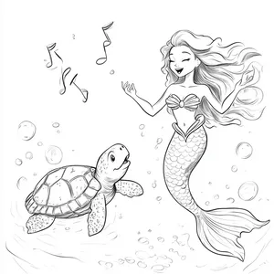 Coloring pages with mermaid singing with a turtle