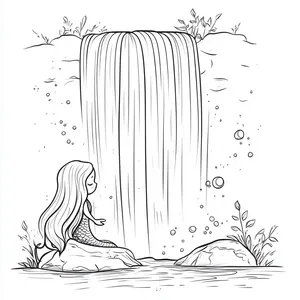 Coloring pages with mermaid under a waterfall