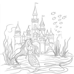 Coloring pages with mermaid visiting an underwater castle