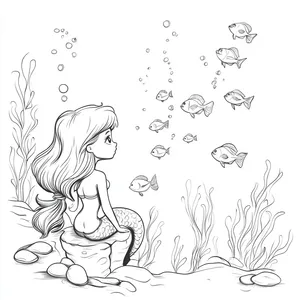 Coloring pages with mermaid watching fish swim by