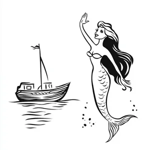 Coloring pages with mermaid waving at a boat