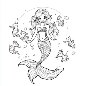 Coloring pages with mermaid with seahorses