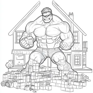 Coloring pages with Hulk building with blocks at home.