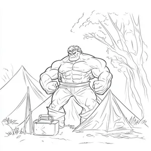 Coloring pages with Hulk camping at a campsite.