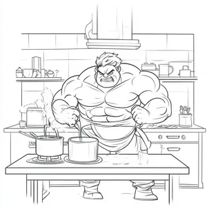 Coloring pages with Hulk cooking in the kitchen.