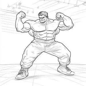 Coloring pages with Hulk dancing in a dance studio.