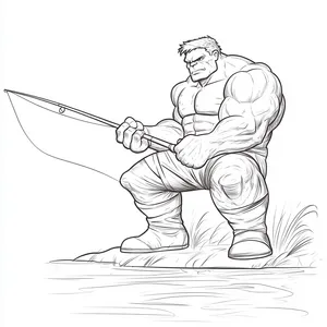 Coloring pages with Hulk fishing at the lake.