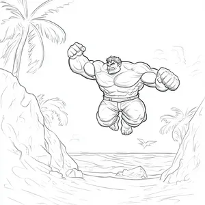 Coloring pages with Hulk flying over a beach.