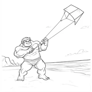 Coloring pages with Hulk flying a kite at the beach.