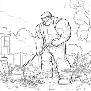 Coloring pages with Hulk gardening in a backyard garden.