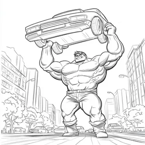 Coloring pages with Hulk lifting a car in a city park.