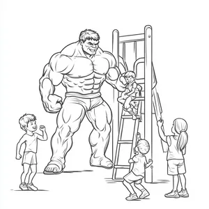 Coloring pages with Hulk playing with children at the playground.