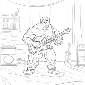 Coloring pages with Hulk playing guitar in a music room.