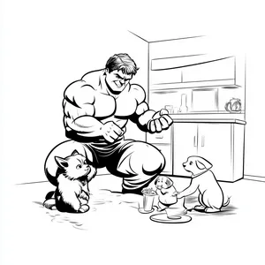 Coloring pages with Hulk playing with pets at home.