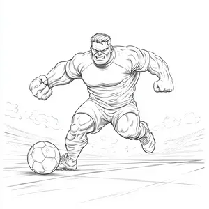 Coloring pages with Hulk playing soccer on a sports field.