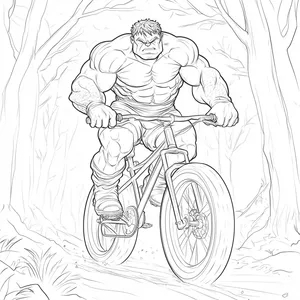 Coloring pages with Hulk riding a bike in the forest.