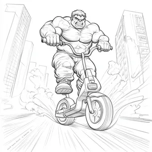 Coloring pages with Hulk riding a scooter in the city.