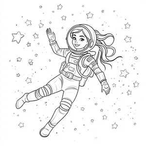 Coloring pages with astronaut barbie floating among stars.