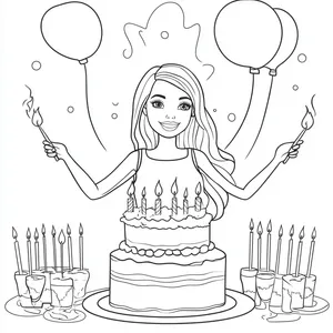 Coloring pages with barbie celebrating at a birthday party.