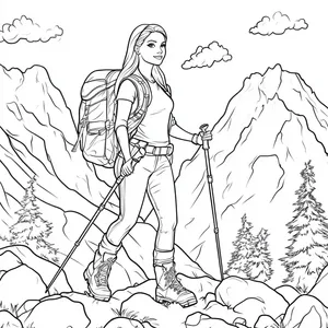 Coloring pages with barbie hiking in the mountains.