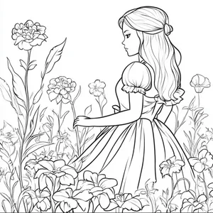 Coloring pages with barbie surrounded by flowers in a garden.