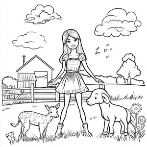 Coloring pages with barbie visiting animals on a farm.