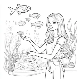 Coloring pages with barbie visiting the aquarium.