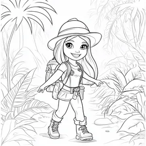 Coloring pages with explorer barbie in the jungle.