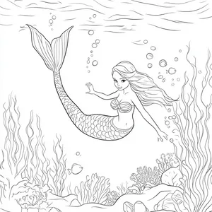 Coloring pages with mermaid barbie swimming under the sea.